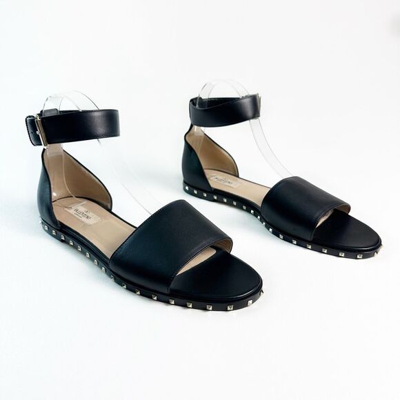 VALENTINO Black Flat Rockstud City Soul Sandal Size 39.5 US 9.5 Ankle Strap - Picture 2 of 12